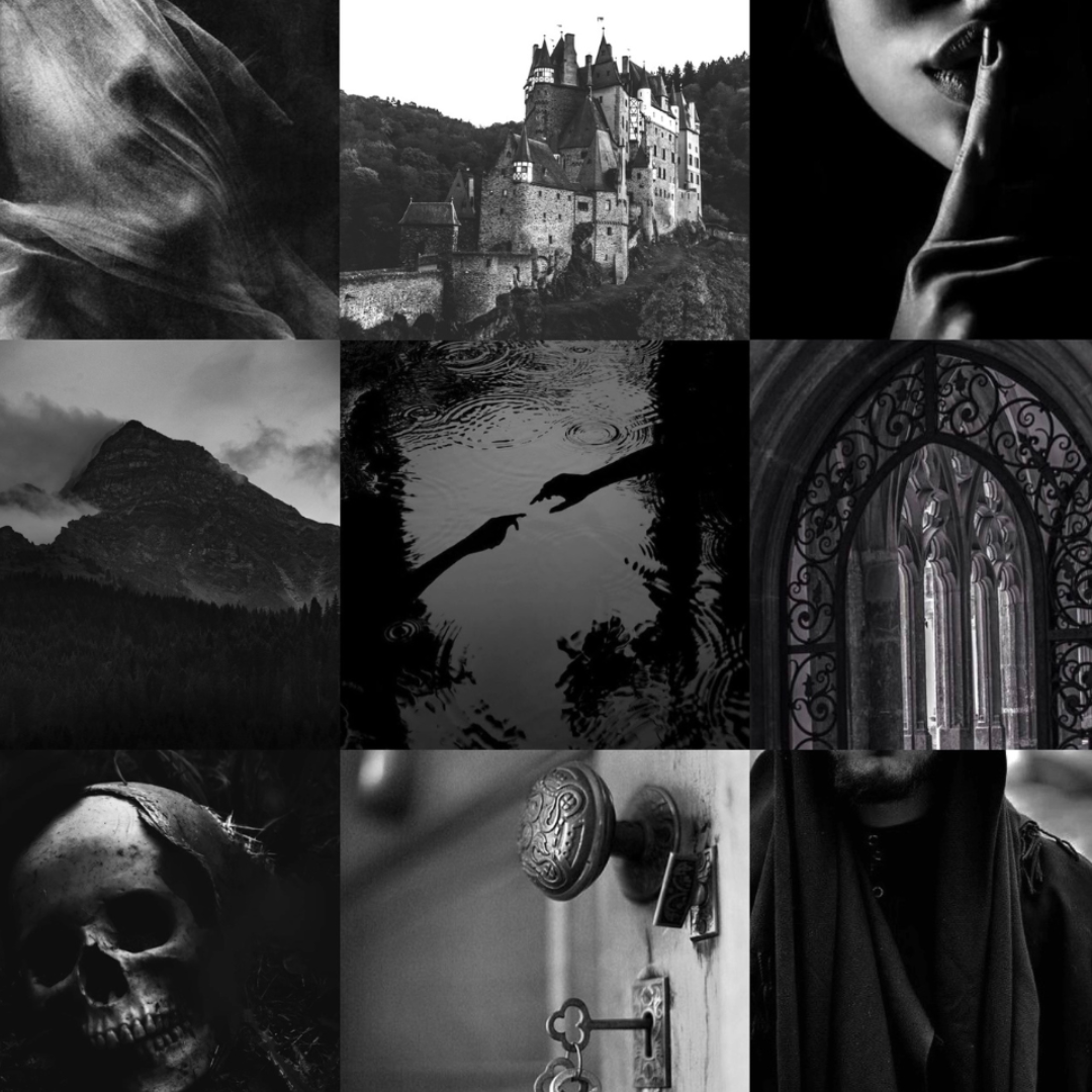 Somali Rebecca Retelling moodboard — foggy sea cliffs, gothic estate, dark waters