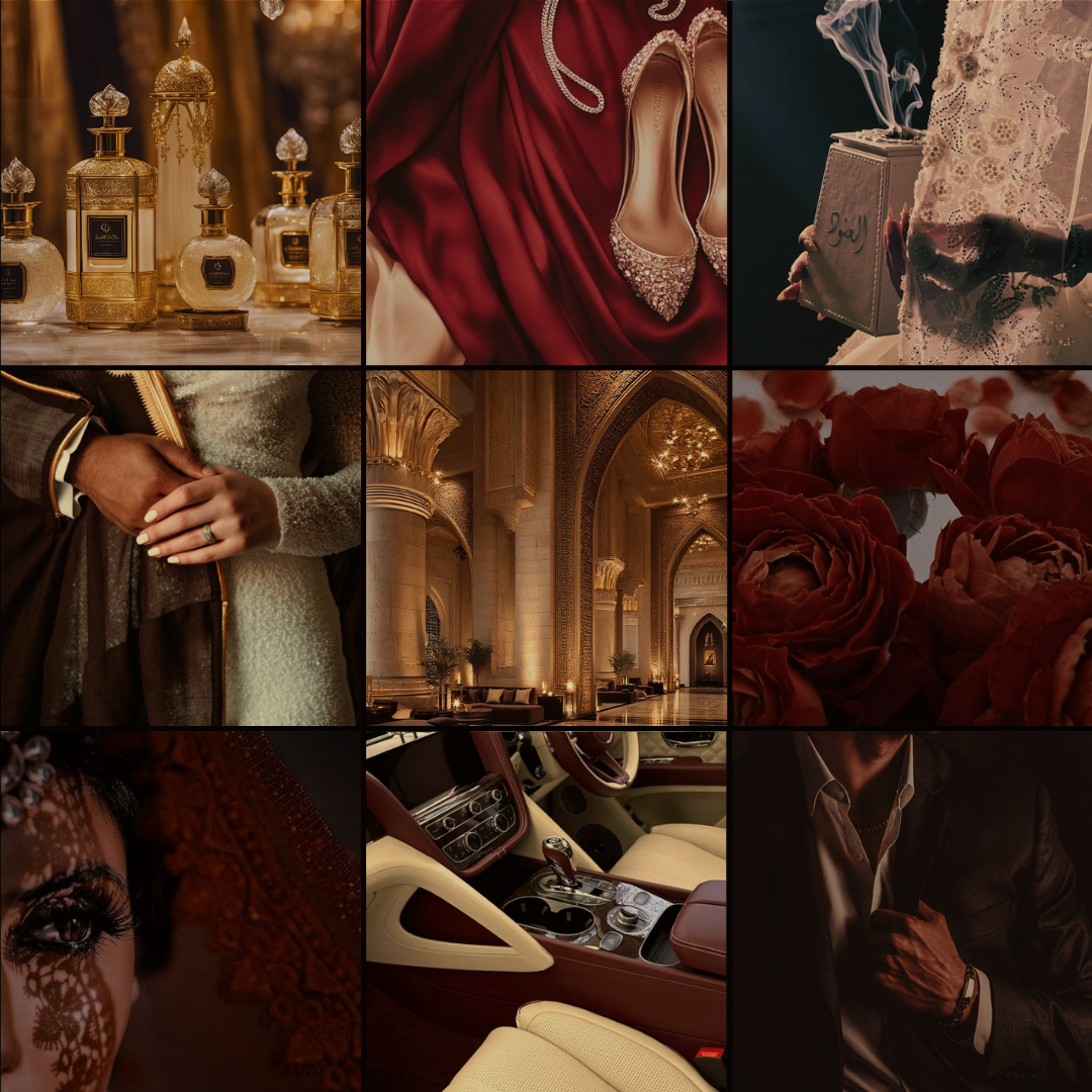 Marital Suspense moodboard — Kauthar City skyline, old-money interiors, the perfect facade